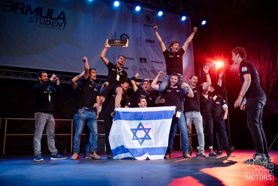 The Technion team celebrates winning first place / A picture from the podium of our 1st place skidpad in the Czech Republic